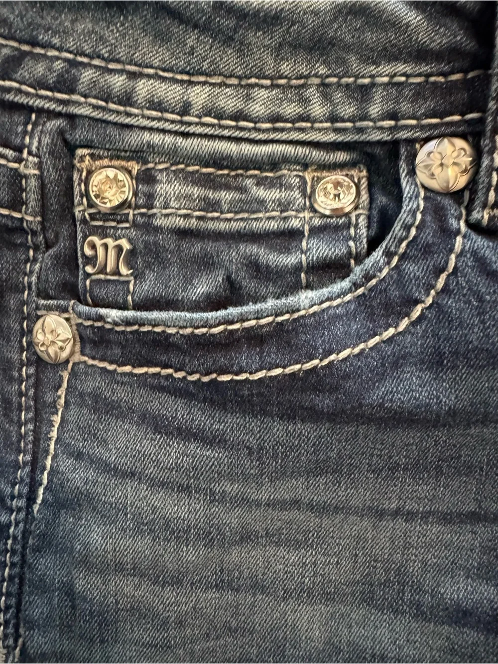 Miss Me Blue Boot Cut Jeans with Cream Embroidered Pocket - Picture 5 of 6